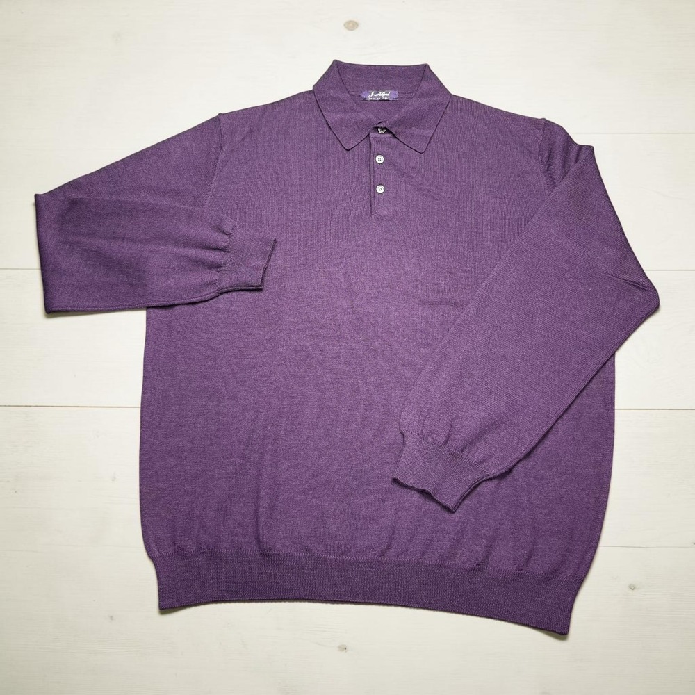 J Ashford Mens XL Purple Extra Fine Merino Wool Long Sleeve Polo Sweater Italy